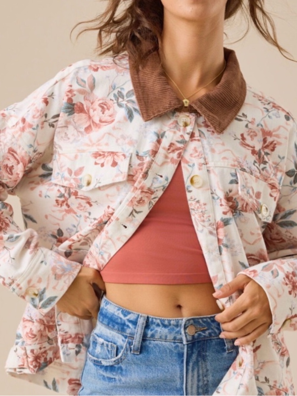 Floral Corduroy-Collar Jacket - Pink Floral